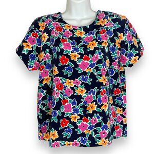 Vintage Floral Top Boxy Kidcore Round‎ Neck Short Sleeve Petite 12 Navy Colorful